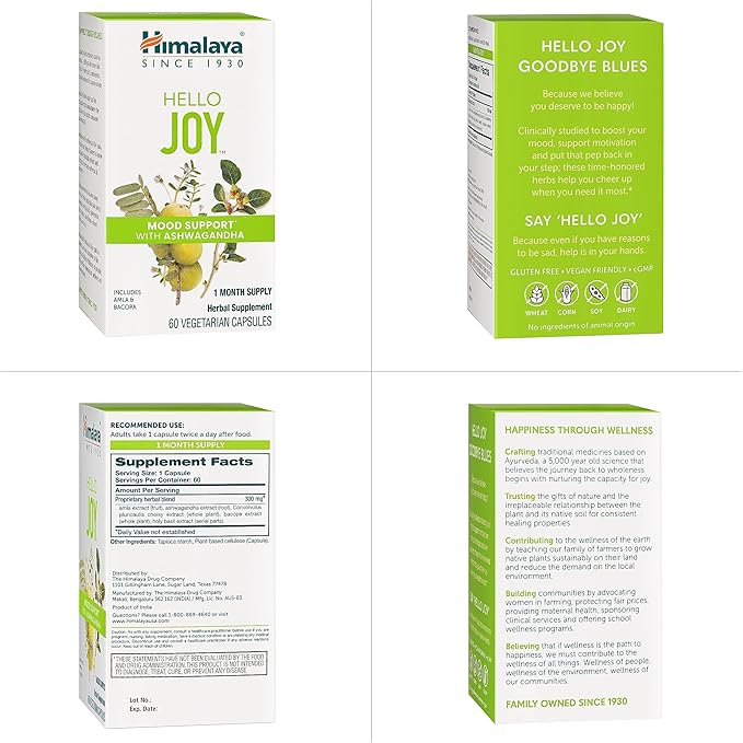 Himalaya Hello Joy Herbal Supplement, with Ashwagandha, Amla, Bacopa, Holy Basil/Tulsi, Positive Outlook, Supports Motivation, Stress Relief, Balanced Cortisol, Non-GMO, Vegan, 60 Capsules