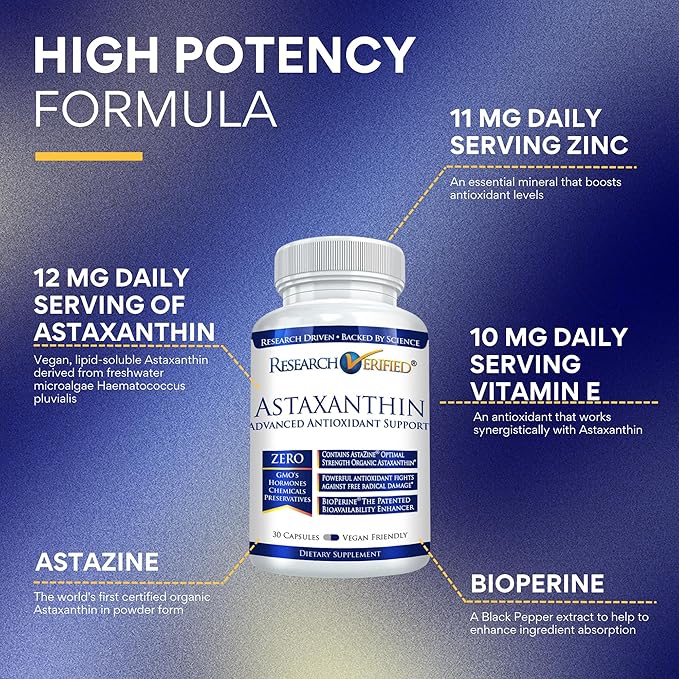 Research Verified Astaxanthin - Powerful Antioxidant, Fights Free Radicals, Supports Skin, Brain, Eyes, and Heart - Zinc RDA, Vitamin E, BioPerine - 3 Month Supply - Non-GMO, Made in The USA