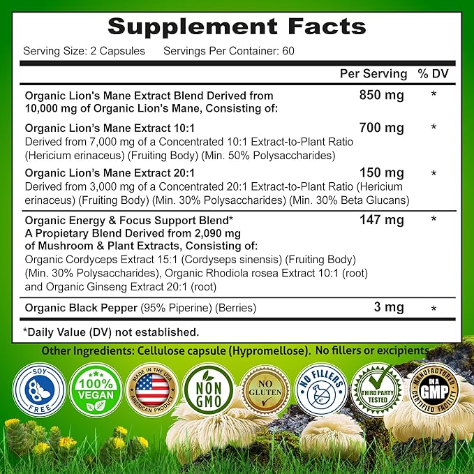 Organic Lion's Mane Supplement Capsules - Contains Naturally Occurring Beta Glucans & Polysaccharides, Enhanced with Organic Energy & Focus Support Blend: Cordyceps, Rhodiola Rosea, Ginseng, 120 Count