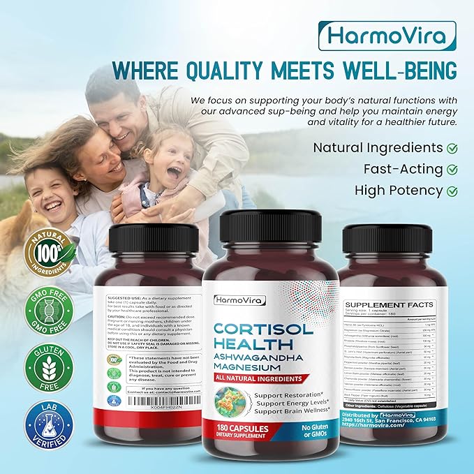 CORTISOL Health - Ashwagandha Magnesium Rhodiola St. John's Wort - Support Restoration, Energy Levels, Brain Wellness 180-day Supply - Made in The USA
