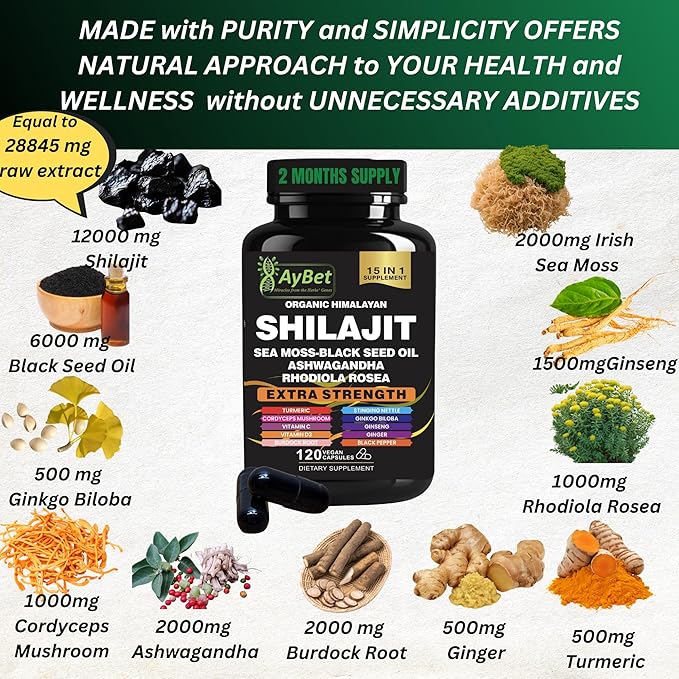 Shilajit for Men and Women-Organic Himalayan Shilajit Capsules with Sea Moss, Black Seed Oil, Ashwagandha, Rhodiola Rosea, Burdock, Cordyceps Mushroom, Ginseng, Turmeric, Ginger, 120 Capsules
